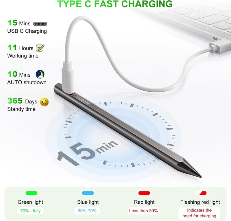 HATOKU Stylus Pen for iPad 2018-2025: 15 Mins Fast Charging Pencil 1 Generation with Tilt Sensitivity Palm Rejection - Work for iPad Air 3 4 5 M2 M3- Pro 11" 12.9" M4 - Mini 5 6 - iPad 6 7 8 9 10 11 (Black) - Image 3